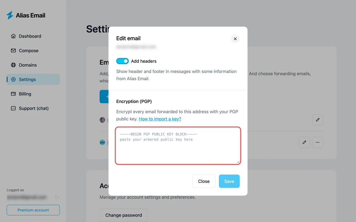 Adding a recipient's PGP public key in Alias Email settings