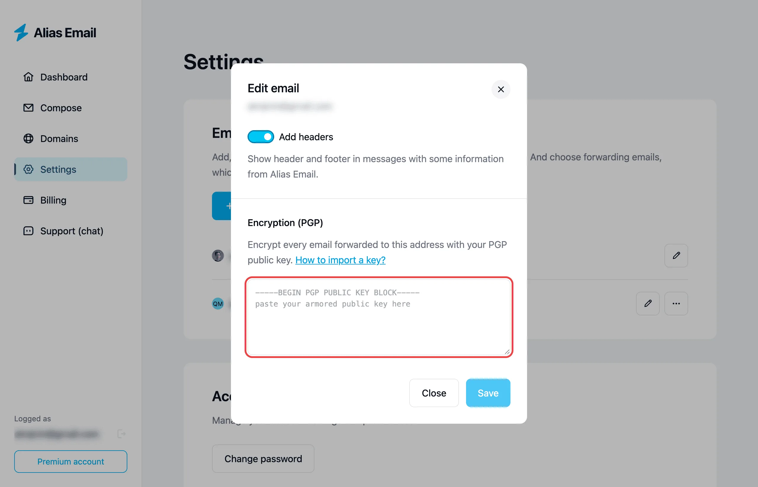 Adding a recipient's PGP public key in Alias Email settings