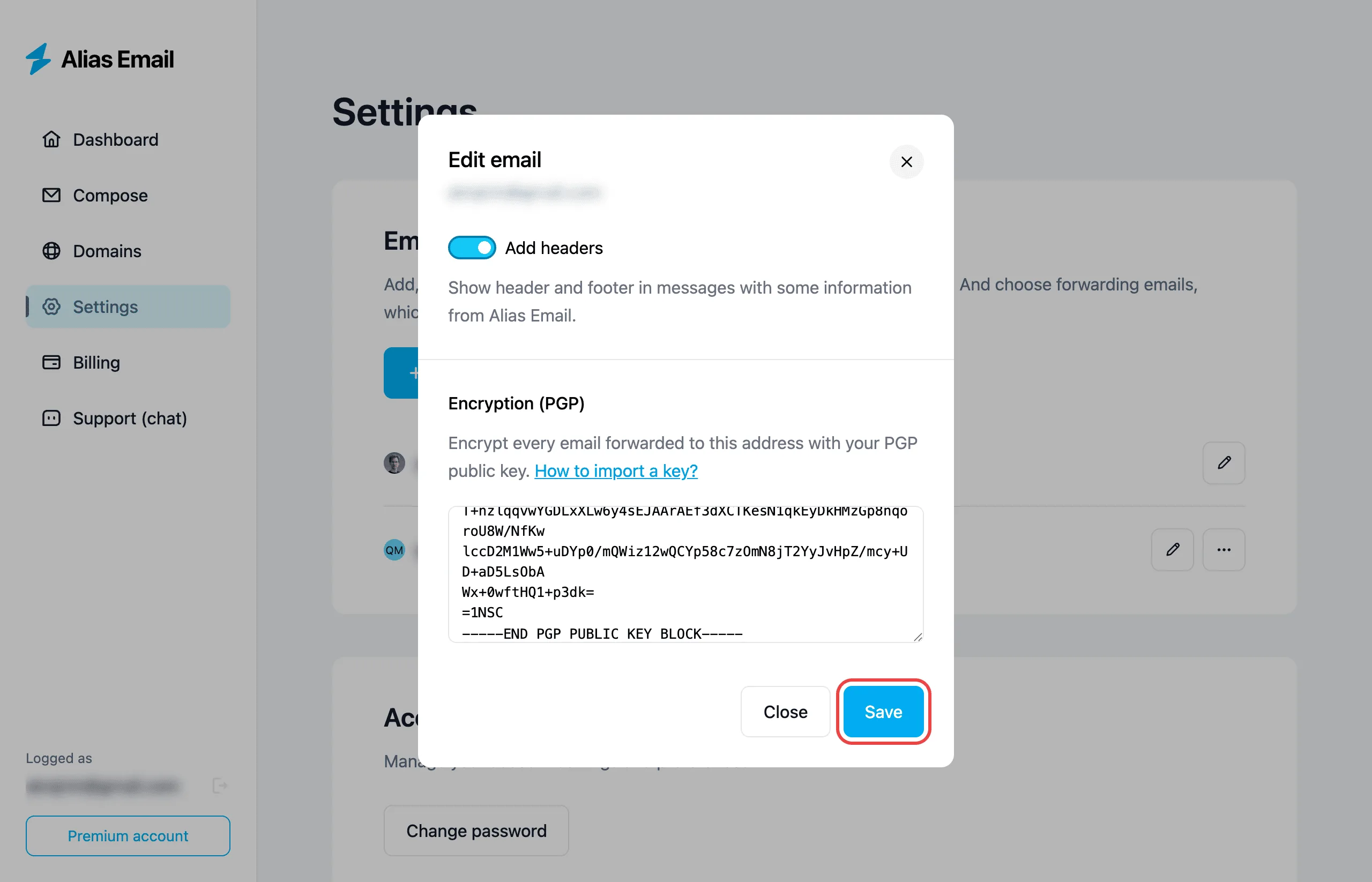 Pasting the recipient's PGP public key and saving in Alias Email