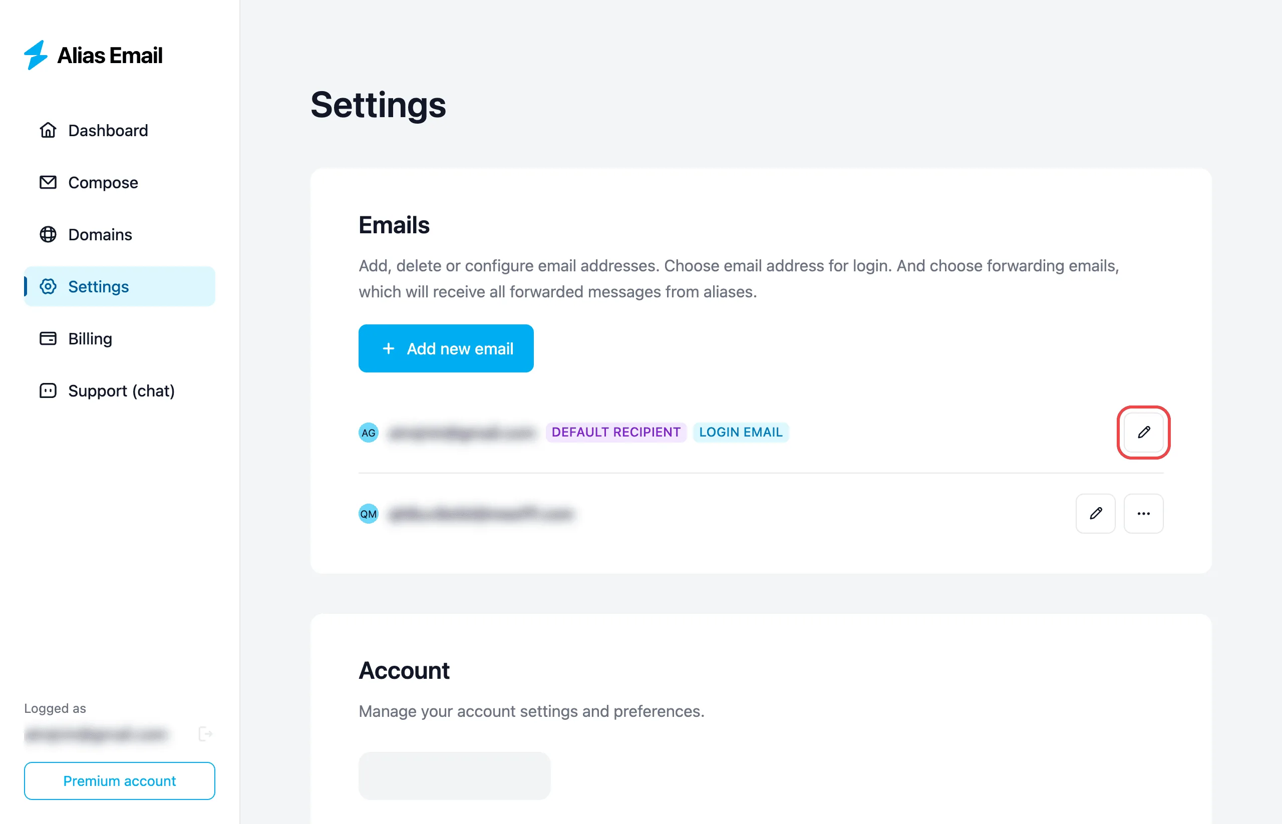Settings → Emails with the edit button on a recipient highlighted
