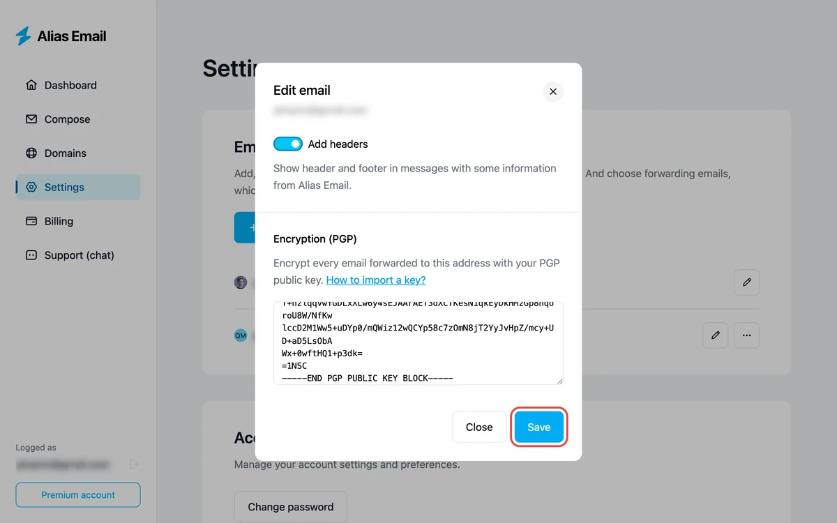 Pasting the recipient's PGP public key and saving in Alias Email