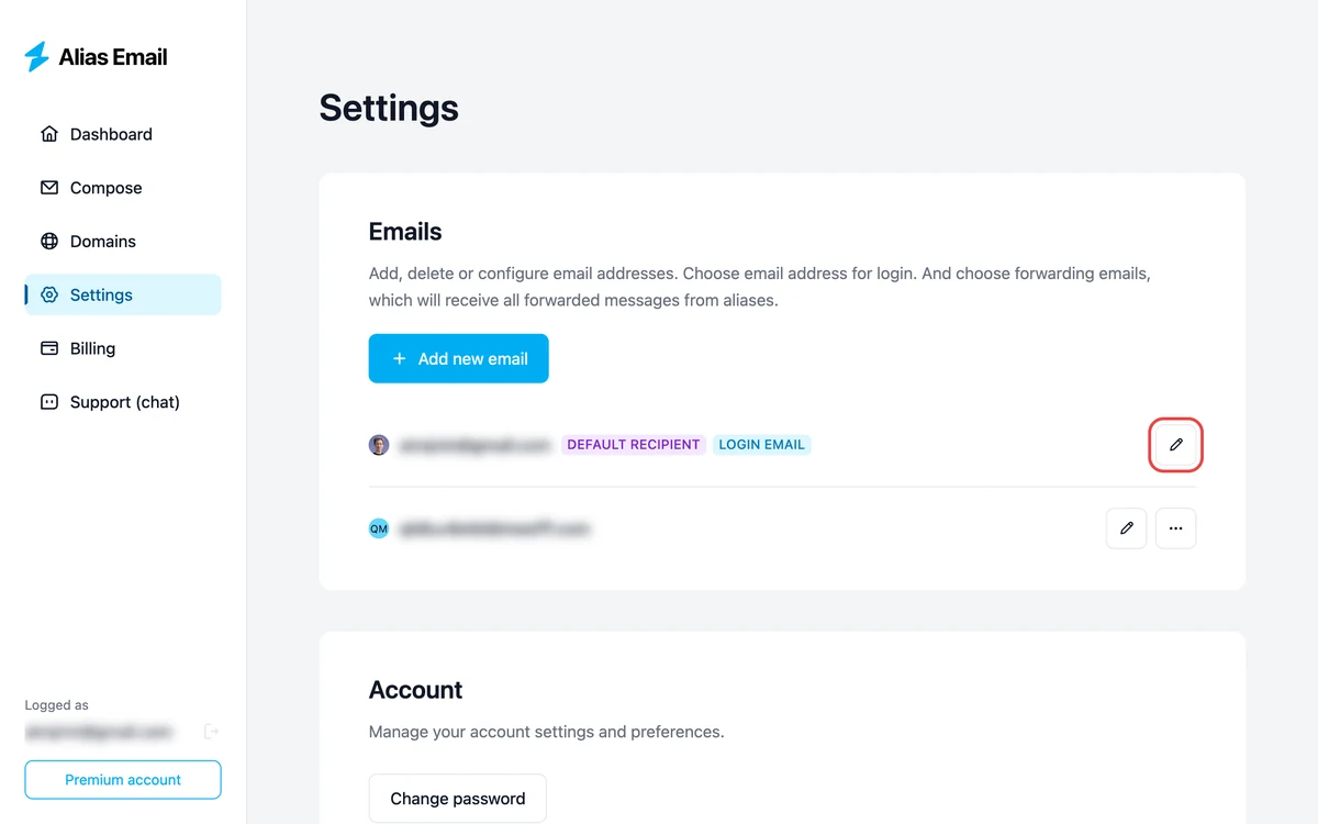 Settings → Emails with the edit button on a recipient highlighted