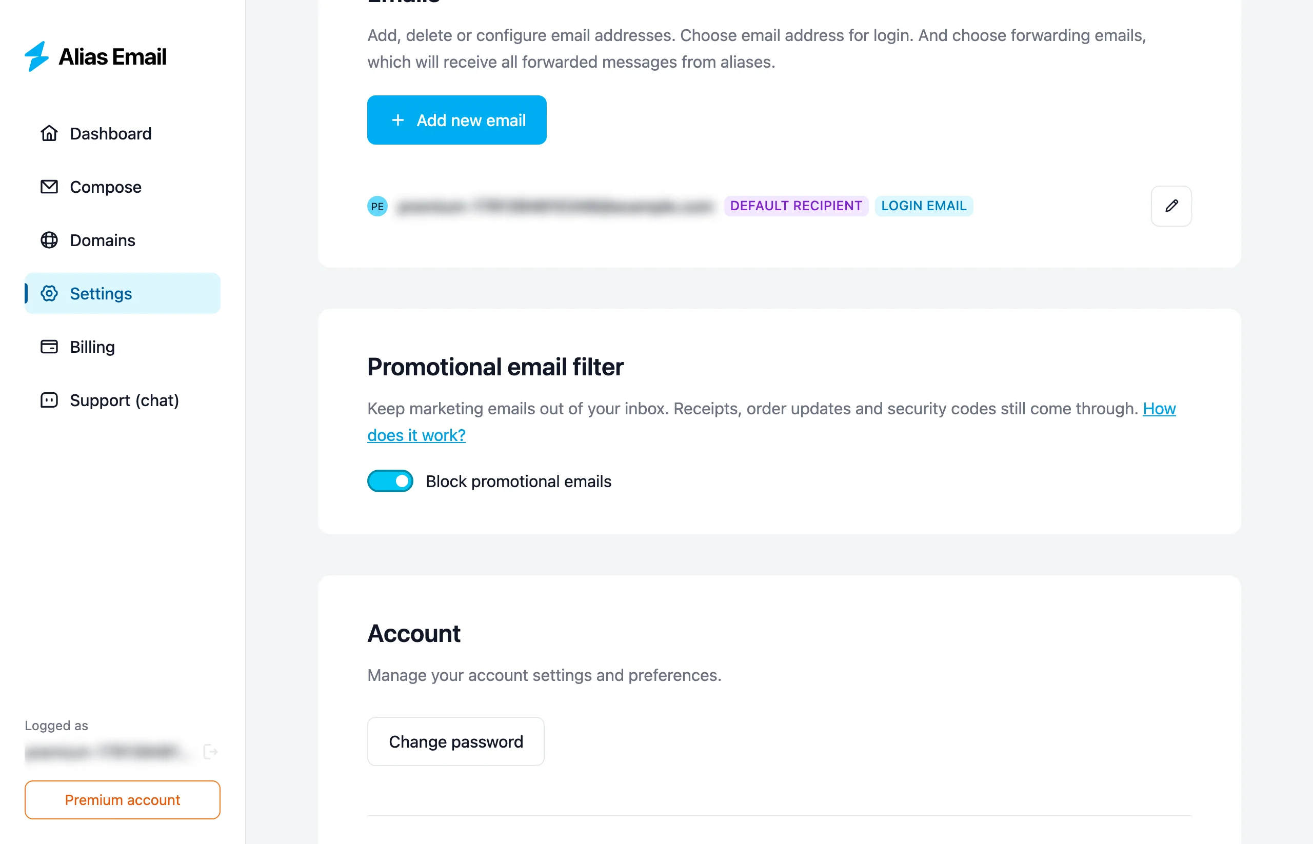 The Promotional email filter in Alias Email settings, with Block promotional emails turned on